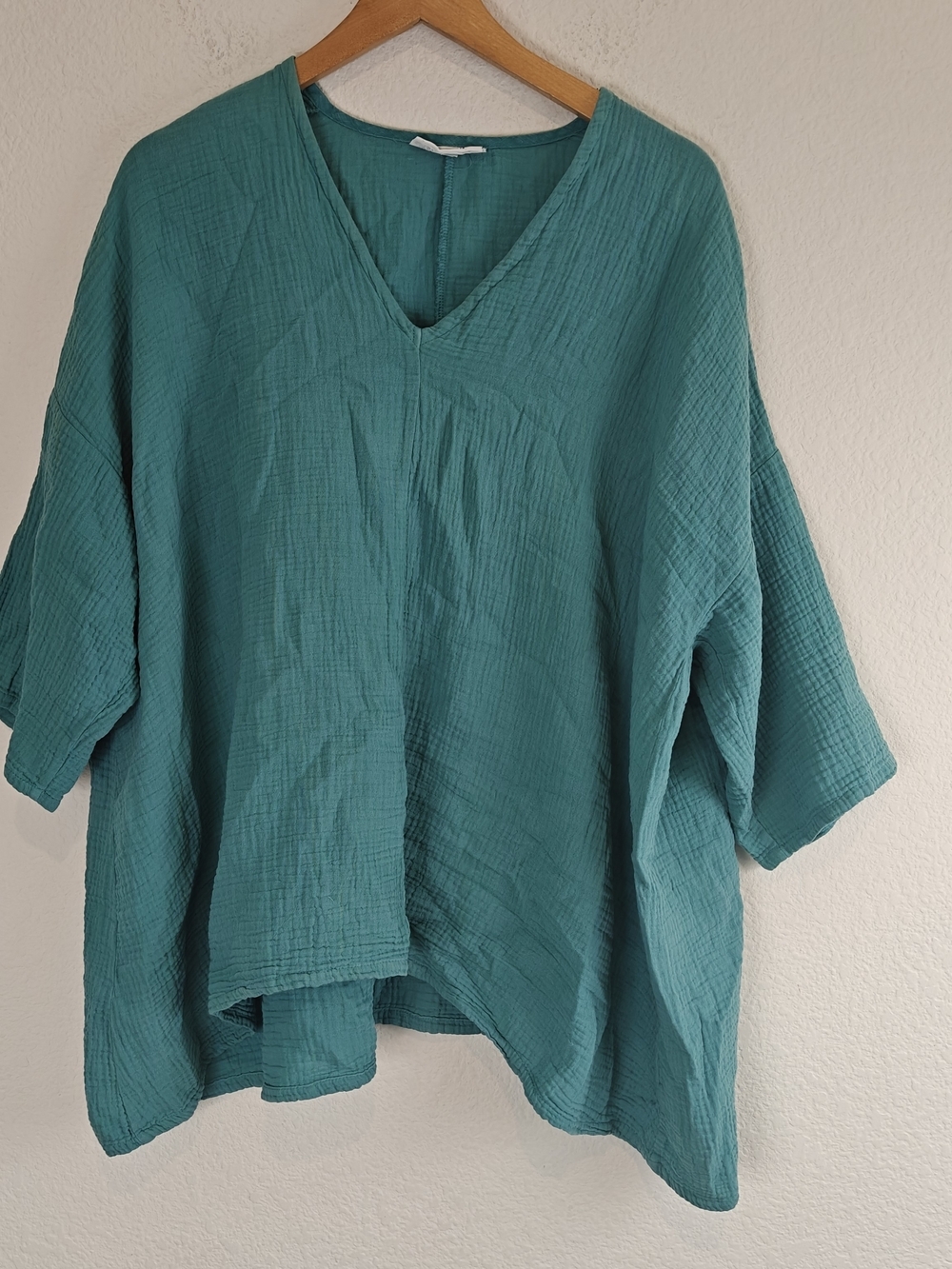Bryn Walker Bax Cotton Gauze Oversized Teal V-Neck Lagenlook Top XS